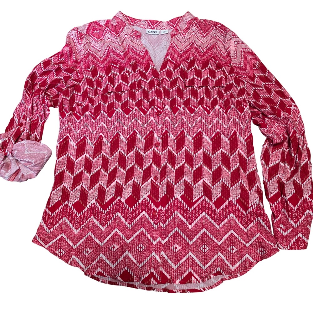 Cato Women's Red Geometric Print V-Neck Long Sleeve Blouse Top Size L